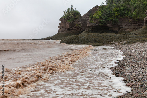 vue sur le bord de l'eau lors d'une marée montante avec un rocher et de la verdure au top lors d'une journée grise