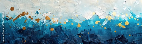 Blue and Gold Abstract Painting with Textured Brushstrokes on Canvas