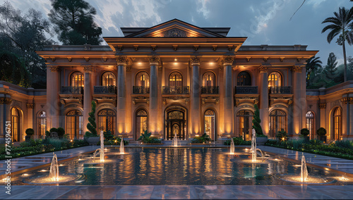 A grand, luxurious mansion with symmetrical architecture and intricate details, featuring large columns at the entrance. Created with Ai
