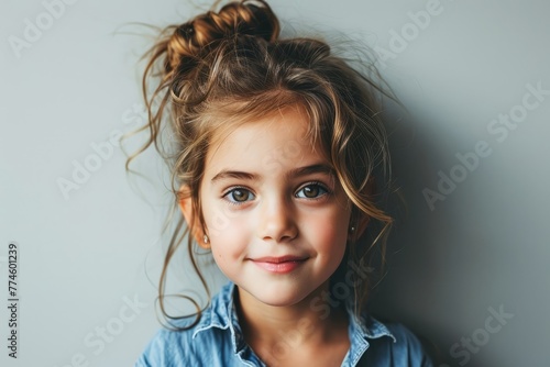 Portrait of a cute little girl in a blue shirt on a gray background