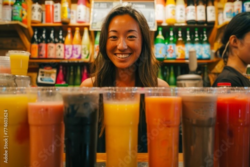 Cheerful Woman Smiling Behind Assorted Fresh Fruit Juices Displayed on Juice Bar Counter