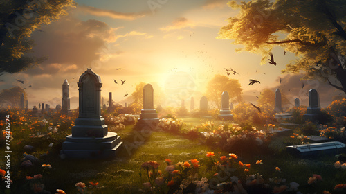 Spring cemetery with graves of man peaceful place eternal rest sunlight background 