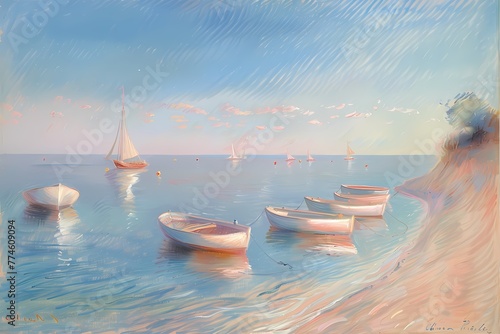 Sailboat at the beach oil painting, Pastel color palette, home decor wall art, digital art print