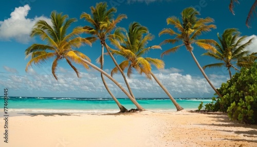 Tropikalna plaża w Punta Cana, Dominikana. Palmy na piaszczystej wyspie na oceanie.