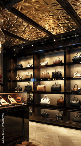 An upscale boutique elegantly displays luxury handbags within a sophisticated interior design.