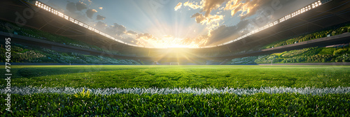 Football stadium design with green grass and lig, Lights at night and stadium