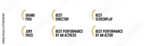 Film festival award nominations and winners - best director, actor, actress, screenplay, jury prize, grand prix - black, golden and white laurel and text vector icon set