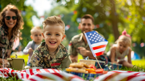military family enjoying a picnic in a park, with children playing and parents relaxing, surrounded by flags and patriotic decorations, for Military Appreciation Month
