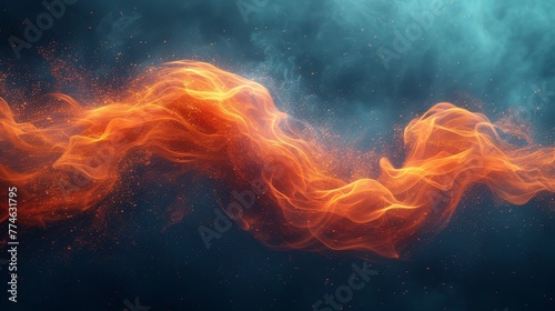  A vivid orange-red fire whirls against a deep blue backdrop, speckled with smoke bubbles and flecks of radiant light