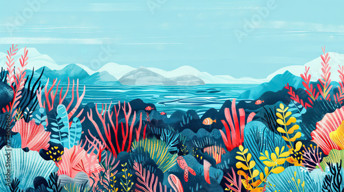 Underwater coral reef landscape and blue sky background with copy space.