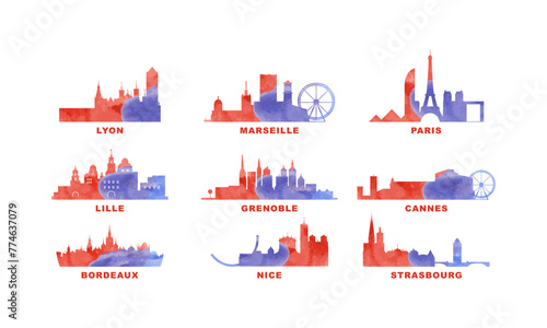 France cities skyline vector logo set. Flat watercolor icon for Paris, Lyon, Marseille, Lille, Bordeaux, Grenoble, Cannes, Nice, Strasbourg silhouette. Isolated graphic collection