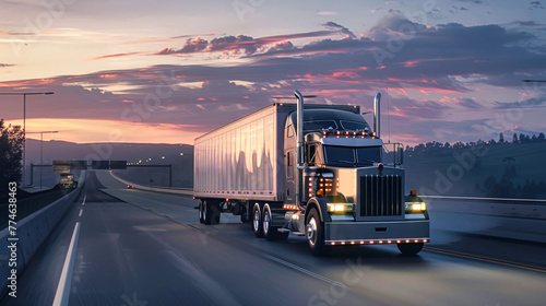 A cargo semi-truck drives down a highway under the sunset sky, with the sun casting a warm glow on the landscape