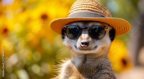  A meerkat dons sunglasses and a straw hat, standing before sunflower field