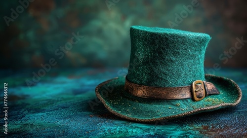  A green top hat sits atop a blue-green cloth-covered table Nearby rests a brown leather belt