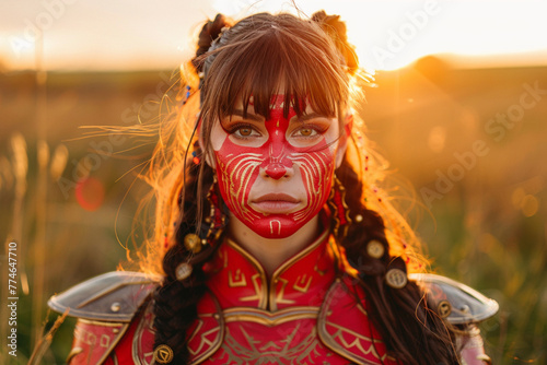 30 year old woman wearing red warrior full face, with two high-pony-tails, hair bangs, brunette, gold hair braid jewelry, outside, golden hour