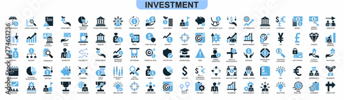 set of Investment icon symbol. economy, financial gain, interest investor, mutual fund, asset, risk management, and stock icons. Solid icon vector