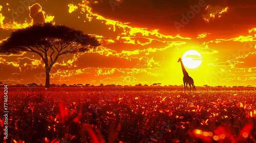 A visually rich 3D savannah at sunset, where animals stage a humorous fashion show, adorning themselves with flowers and leaves, strutting along the waterhole runway