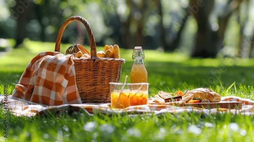 A Picnic on a blanket on the grass at the summer park. Close up of food, drinks, and picnic basket. The concept of rest and eating.