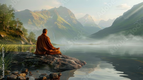 A meditating monk sits on a rock beside the water.