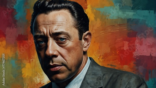 albert camus abstract portrait oil pallet knife paint painting on canvas large brush strokes art watercolor illustration colorful background from Generative AI