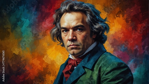 ludwig van beethoven abstract portrait oil pallet knife paint painting on canvas large brush strokes art watercolor illustration colorful background from Generative AI