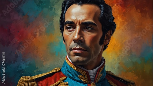 simon bolivar abstract portrait oil pallet knife paint painting on canvas large brush strokes art watercolor illustration colorful background from Generative AI