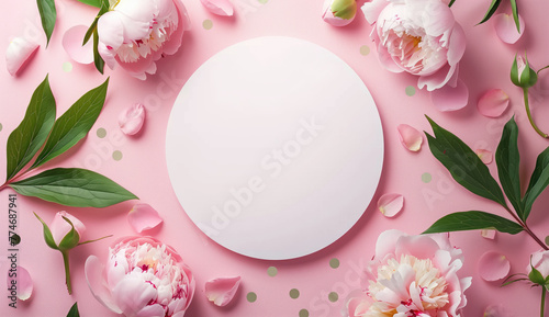 circular, round white empty frame on pastel pink background with floral leaf decoration, copy space, message banner. Happy Mother's Day greeting card, color full