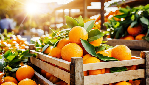 Close-up of a wooden crates full of fresh ripe orange or tangerines fruits with green leaves at the market or store. Buying vegetables and fruits at the market. Outdoor setting. Generative Ai.