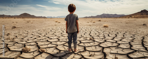 Small boy standing on dry lake or land. enviroment concept. cracked earth panorama photo.