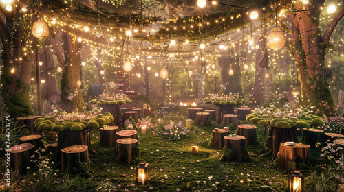 An ultra-HD image of a birthday party set in a whimsical forest clearing, with tables covered in moss and wildflowers, tree stumps as seats