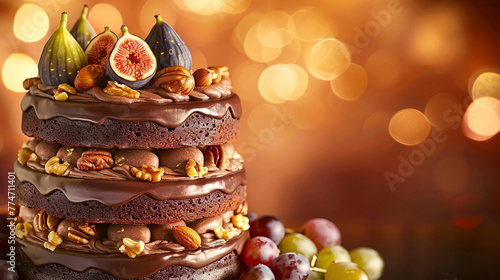 An image showcasing a towering chocolate birthday cake