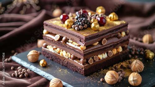 An image featuring a luxurious chocolate and hazelnut birthday cake, with layers of nutty ganache and topped with whole hazelnuts and gold-dusted berries, set against a backdrop of rich, dark velvet.