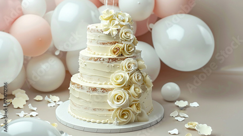 An elegant tiered wedding cake with white frosting and cascading edible roses, surrounded by white and pale pink balloons on a solid champagne background.