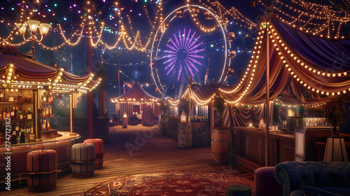 An elegant carnival scene celebrating a birthday, with a vintage Ferris wheel, booths draped in fairy lights, and a sophisticated cocktail bar, all captured in crisp ultra HD detail.