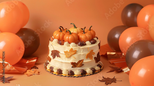 An autumn harvest themed birthday cake with edible leaves and pumpkins, surrounded by orange and brown balloons on a solid autumn orange background.
