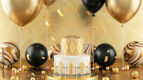 An art deco inspired birthday cake with golden accents and geometric patterns, surrounded by gold and black balloons on a solid gold background.