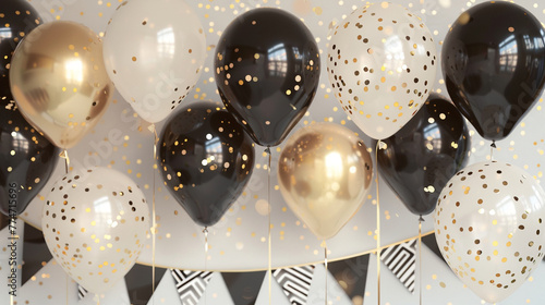 A sophisticated birthday backdrop on white, with black and gold balloons hovering, gold foil confetti shimmering, and black and white pennants, creating a chic celebration space.