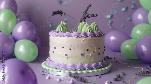 A serene lavender fields themed birthday cake with purple and green icing, featuring edible lavender sprigs, surrounded by purple and green balloons on a solid lavender field purple background.