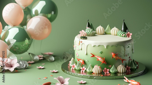 A serene Japanese garden themed birthday cake with green tea icing and edible koi fish and cherry blossoms, surrounded by pink and green balloons on a solid zen green background.
