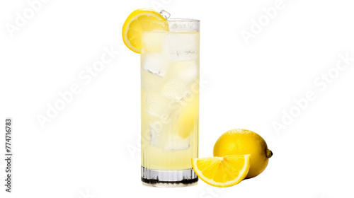 A tall glass of lemonade with a vibrant slice of lemon on the rim