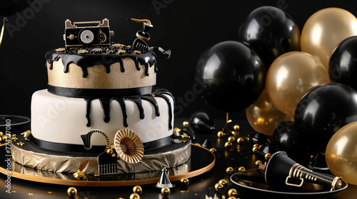 A roaring 20s themed birthday cake with black, gold, and white icing, featuring edible flapper accessories and a fondant phonograph