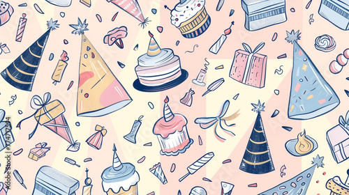 A playful happy birthday vector background template showcasing a pattern of hand-drawn style party hats