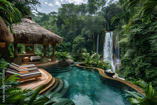 Lush Tropical Waterfall Oasis with Turquoise Pool and Thatched Hut in Idyllic Jungle Landscape for Luxury Vacation and Wellness Retreat