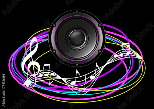 dynamic neon lines speaker: vox power, modern club music illustration with abstract retro sound waves tune