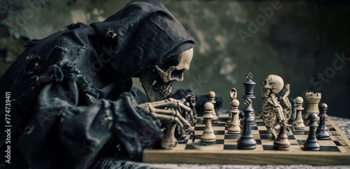 Grim Reaper Sitting and playing chess. Concept of death, memento mori.