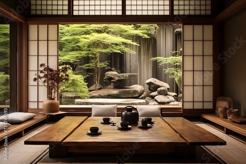 Tranquil Minimalistic Japanese Living Room with Low Table Aesthetics.