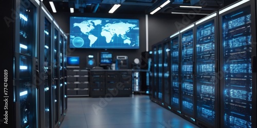 The command center of a data facility with a global data map display, signifying the interconnected nature of today's digital world. The room is equipped with state-of-the-art monitoring systems. AI
