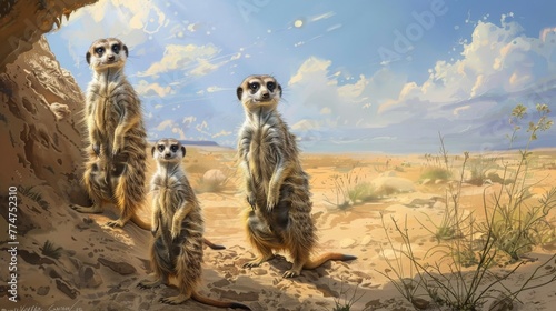 A charming family of meerkats, standing upright on their hind legs in a sandy burrow, their inquisitive eyes scanning the horizon for signs of danger as they keep watch over their desert home.