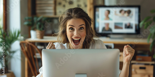 Good deal, payday, winning lottery or sports betting concept. Exciting happy woman sitting at desk with computer monitor in front of her in modern office.