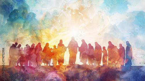 A reverent digital watercolor photo of Jesus blessing his disciples before ascending to heaven